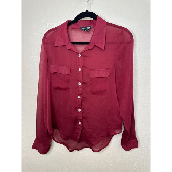 About A Girl‎ Womens Maroon Blouse L Sheer Button-Up Long Sleeve 100% Polyester - Picture 3 of 7